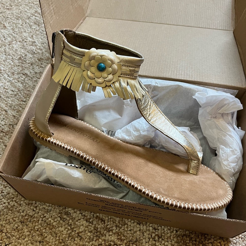 Metallic Gold Fringe Floral T-Strap Sandals